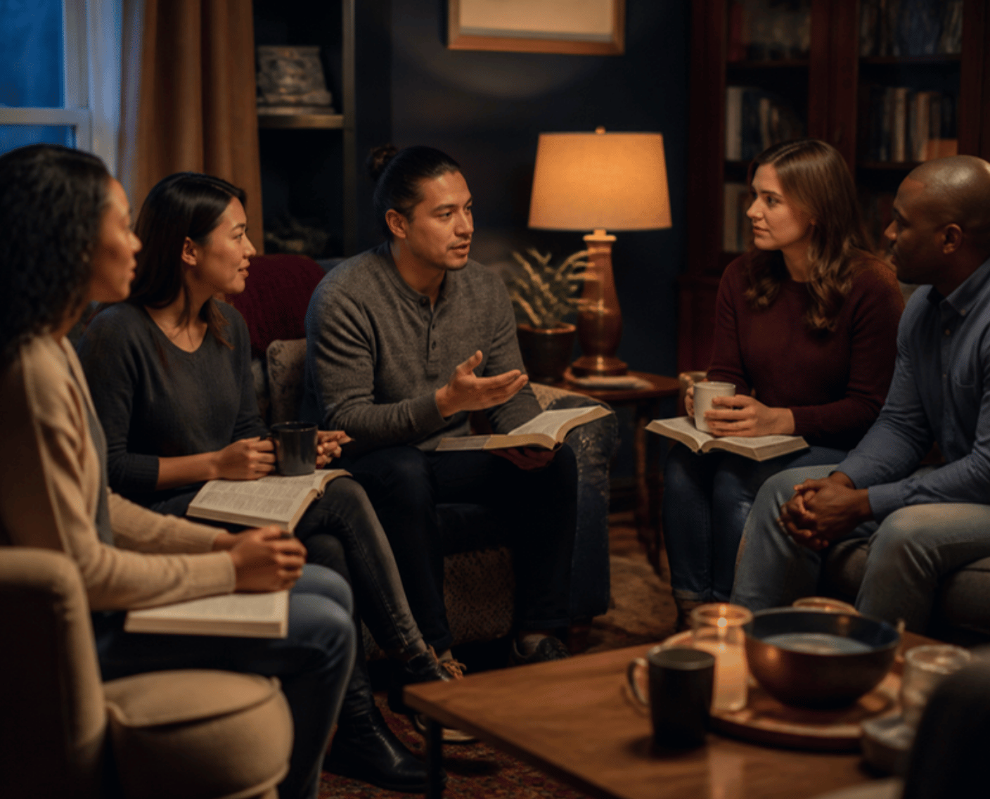 A small group studying the Bible together in a living room
