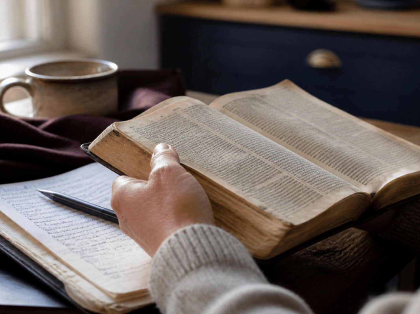 Hands holding an open Bible at a kitchen table