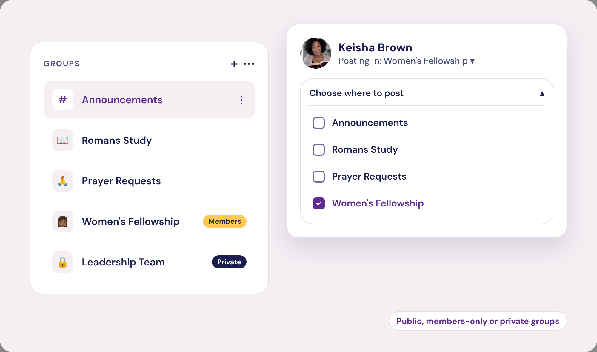 A list of groups including Prayer Requests, Women’s Fellowship and a private Leadership Team