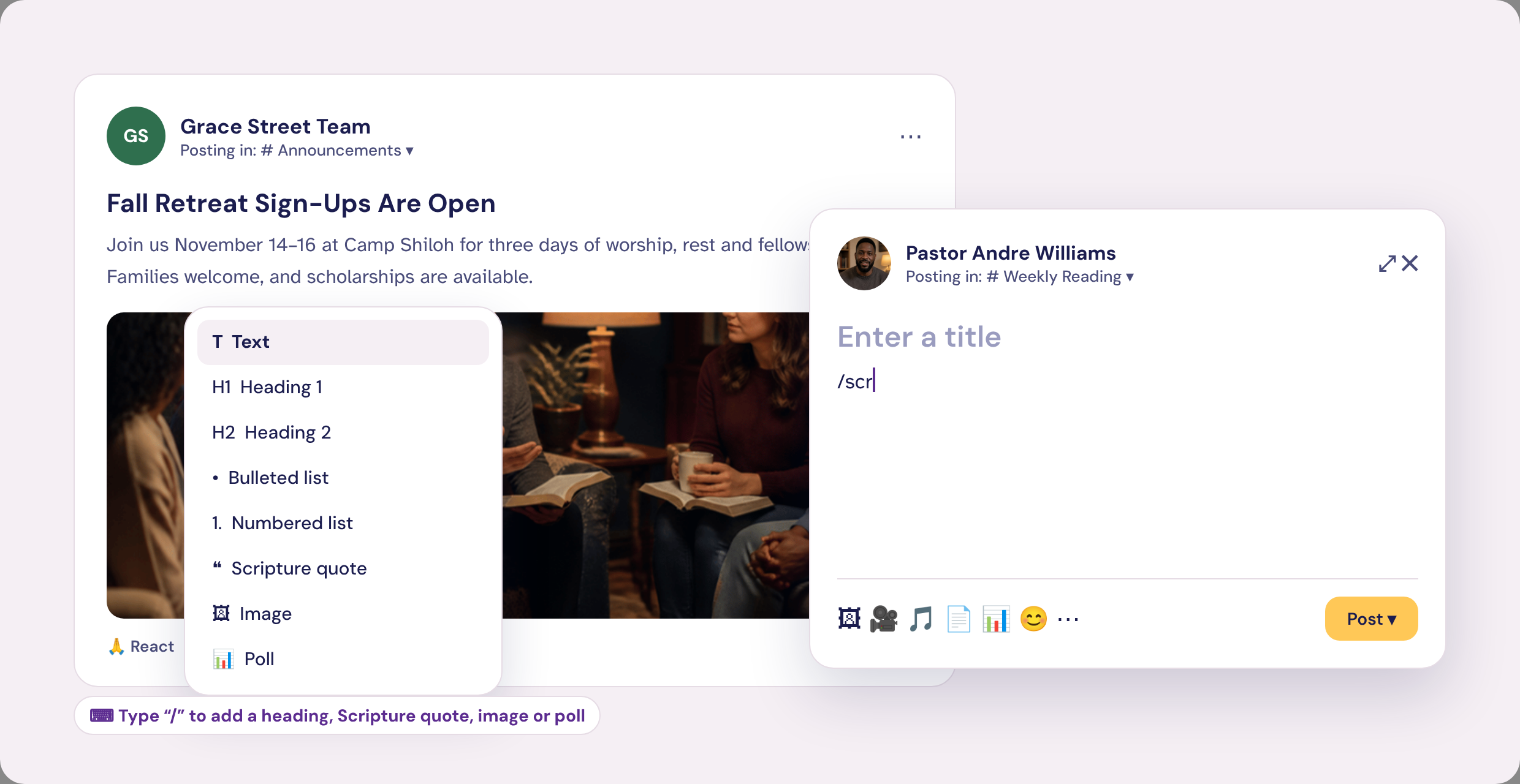 Writing a new post with options to add a heading, Scripture quote, image or poll