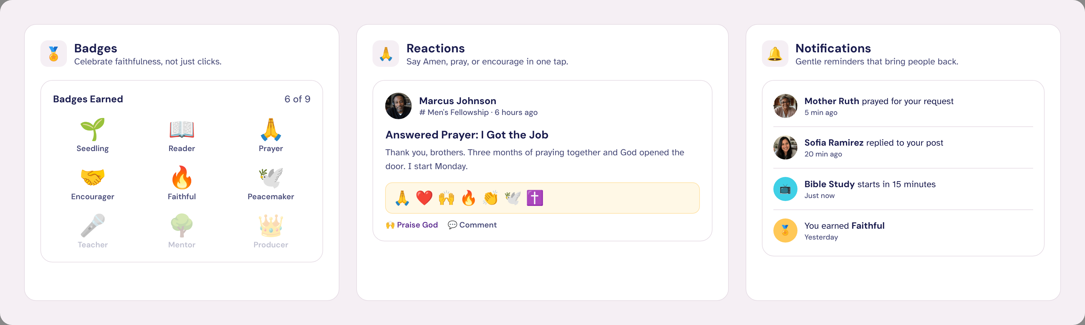 Faith badges, an answered-prayer post with reactions, and gentle notifications