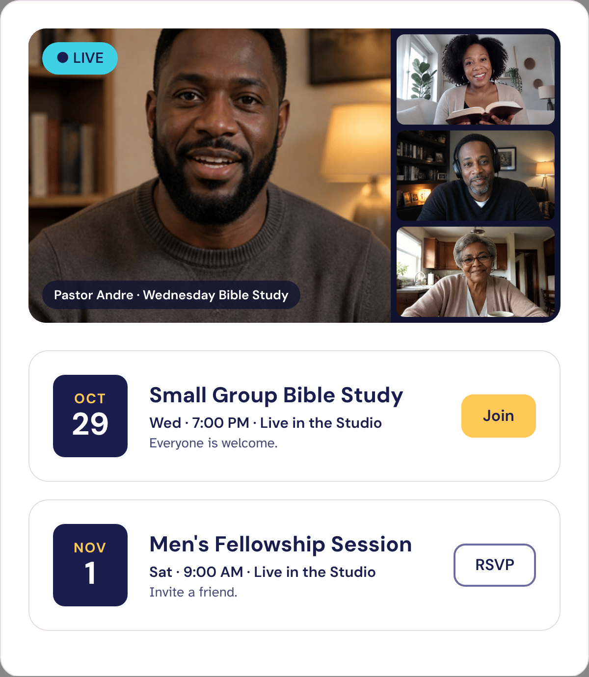Upcoming Small Group Bible Study and Men’s Fellowship Session cards with Join and RSVP buttons