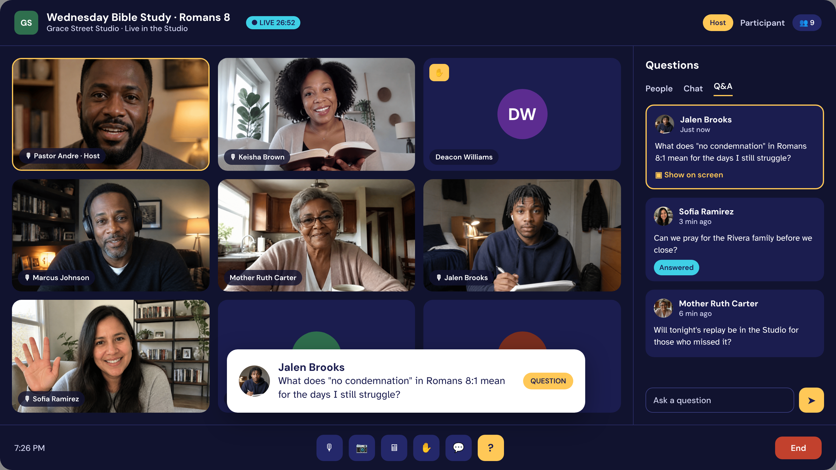 A live Wednesday Bible Study with members on video and a question shown on screen