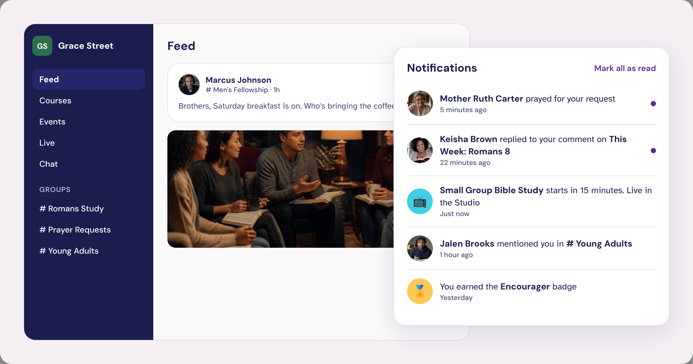 A notifications list: someone prayed for your request, a reply, and a Bible study starting soon