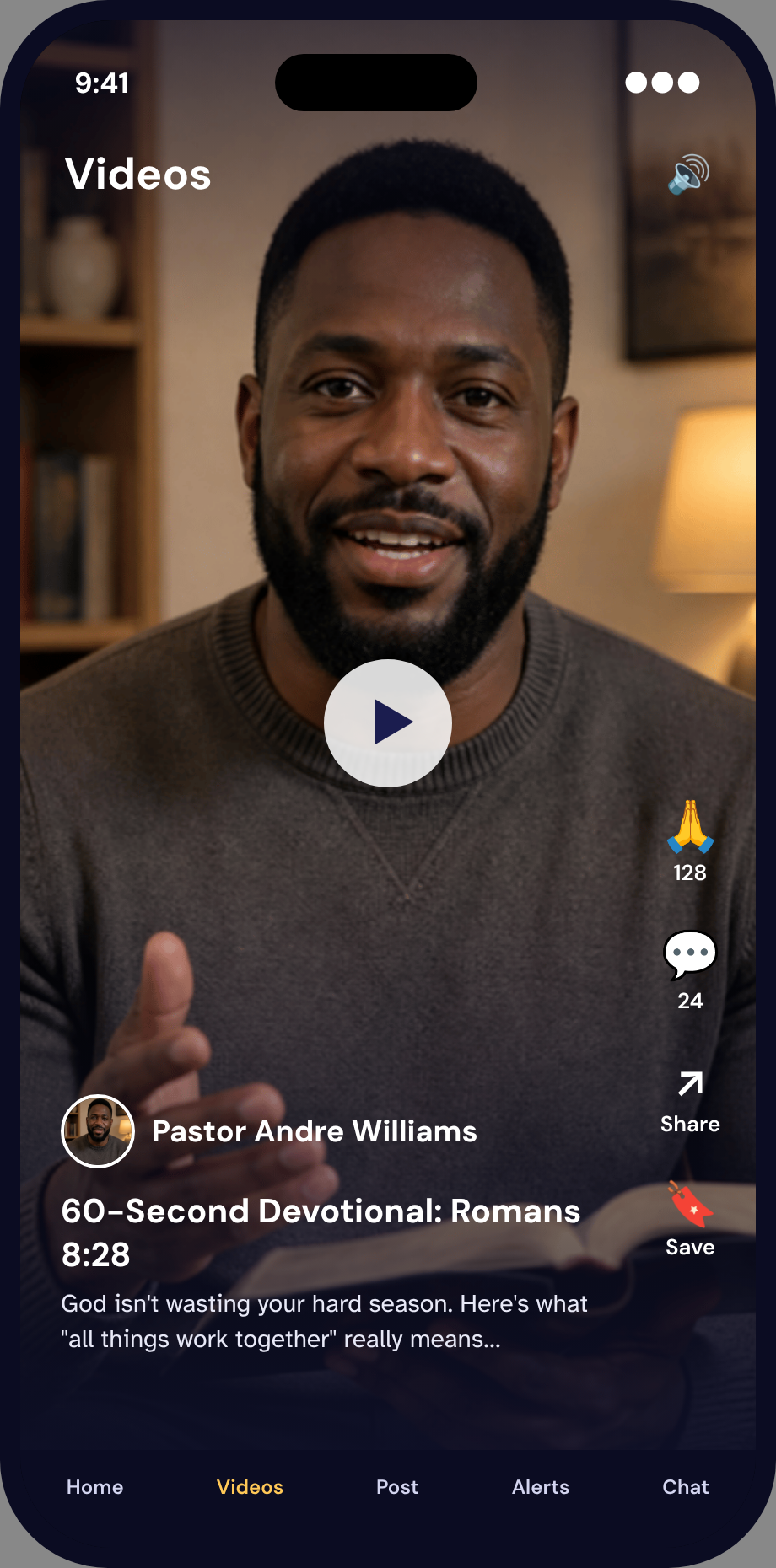 A phone showing a 60-second devotional video from a pastor